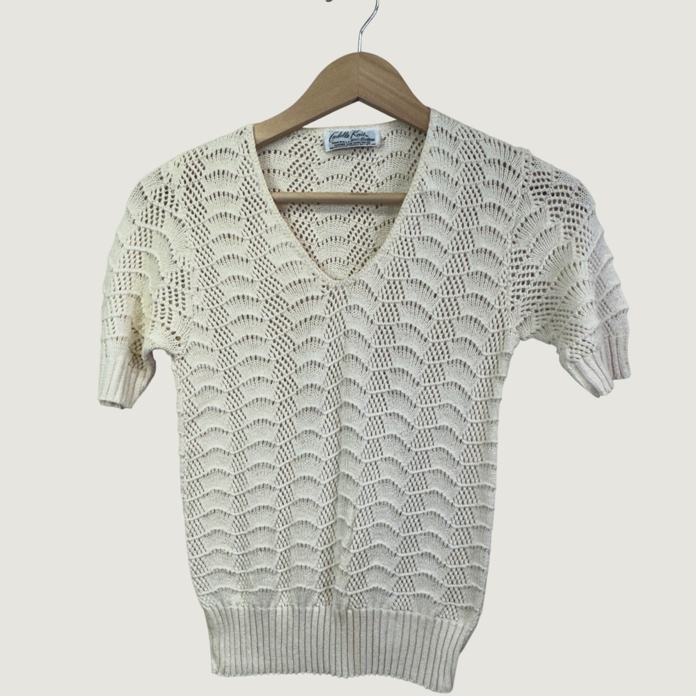 Cuddle Knit Womens V-Neck Pointelle Crochet Short Sleeve Cotton Sweater Cream